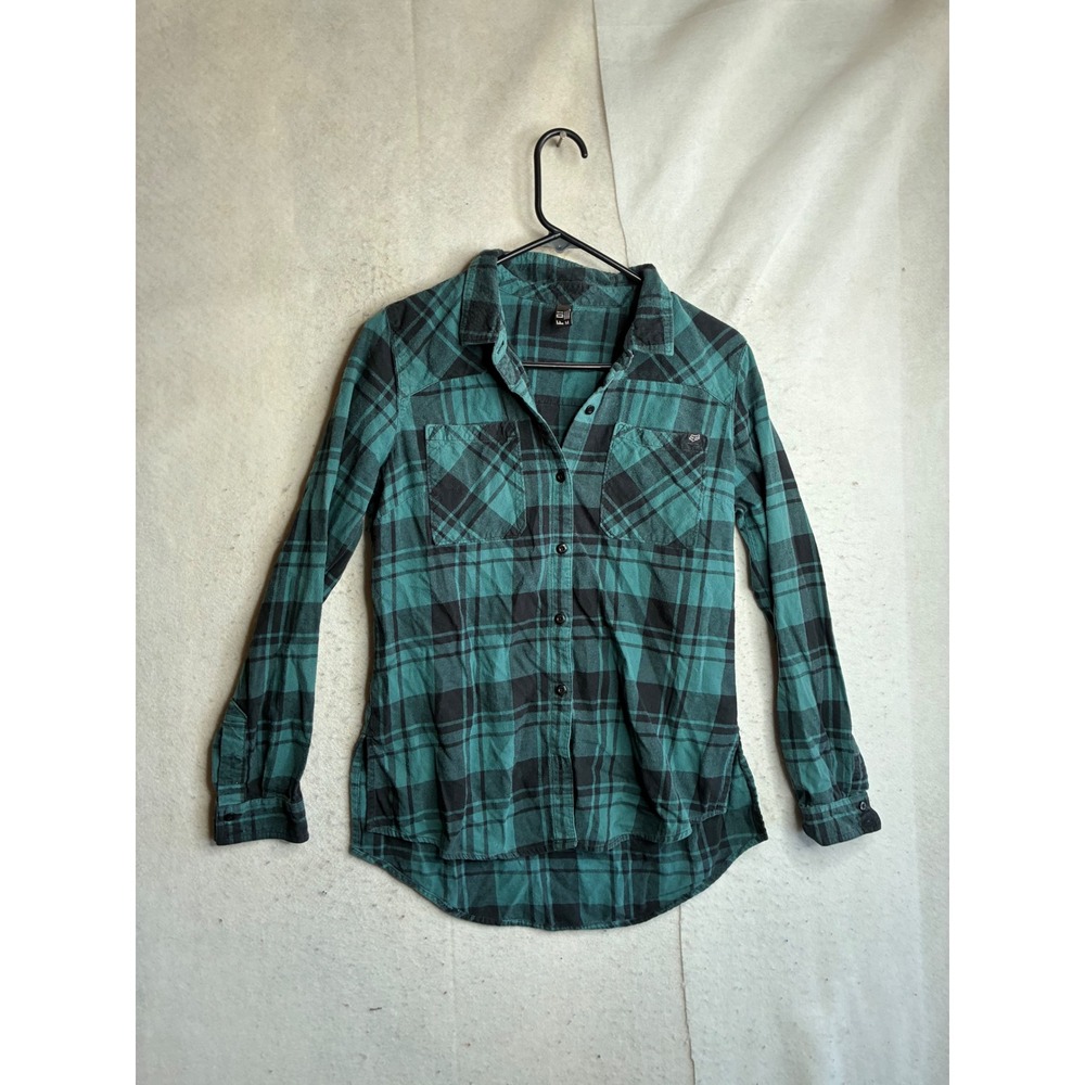 Fox Racing Womens Teal Black Plaid Flannel Button Down Shirt Size Medium 6250